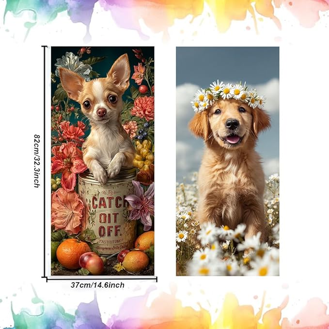 2PC Trash Can Sticker 14.57 x 32.28 Inch Cute Dog Design Floral Theme Decorative Garbage Bin Cover Outdoor Trash Can Decal Art for Home Yard Garden Pet Lovers Decoration