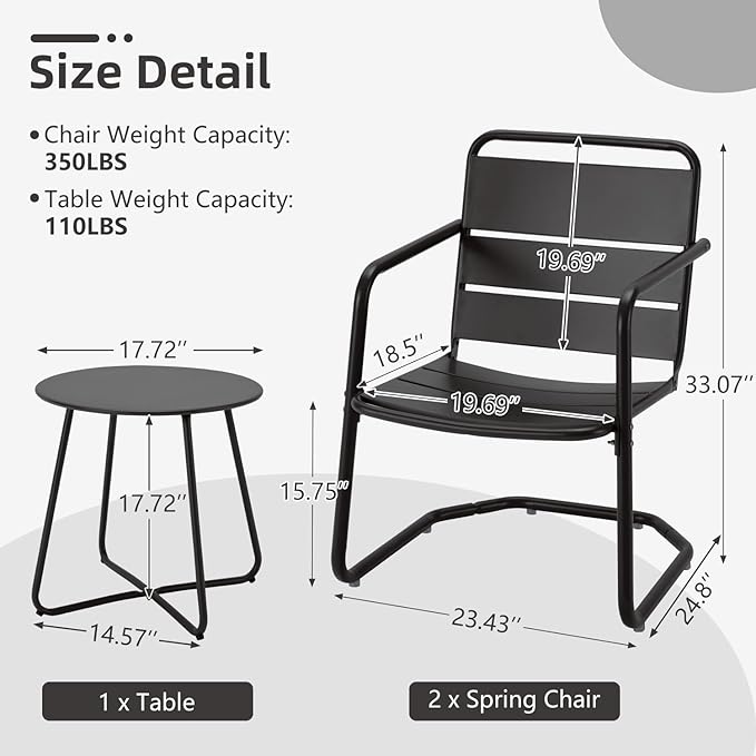 MELLCOM 3 Piece Patio Set, Small Patio Furniture Set - 2 C-Spring Metal Chairs with Round Side Table, Outdoor Bistro Set for Balcony, Front Porch, Poolside, Garden, Deck, Black