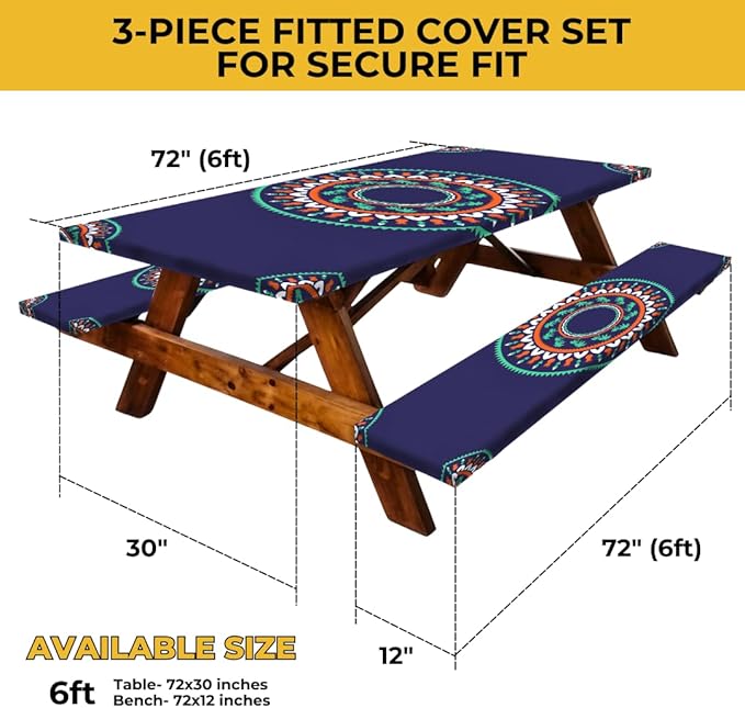 RNOONY 6ft Polyester Picnic Table Cover with Bench Covers Windproof & Waterproof Tablecloth, Perfect for Camping Gifts & RV Essentials, Cool Camping Gadgets, with Carrying Bag, 72x30 Inches, 4Pcs