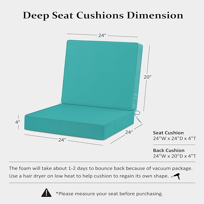 Cozyide 24x24 Outdoor Cushions for Patio Furniture, Waterproof Outdoor Chair Cushions with Non-Slip Ties and Handle, Washable Deep Seat Cushions for Outdoor Furniture with Removable Cover, Teal