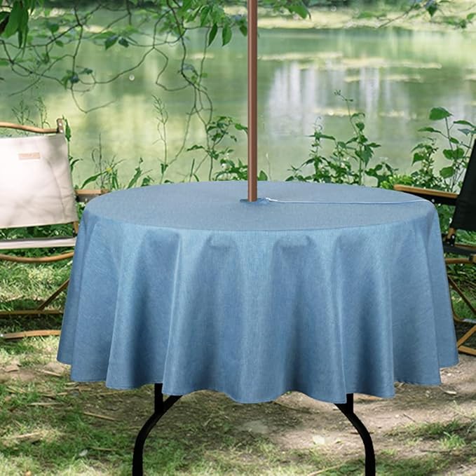 Outdoor Tablecloth Wrinkle-Free Stain Resistant Waterproof Polyester Fabric Table Cover with Zipper Umbrella Hole for Picnic/Party/Dinner/Patio Garden(60inch Round,Zippered,Water Blue)