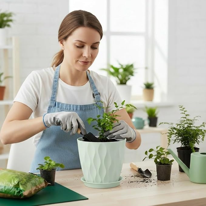 Plant Pots 8 Inch, 6 Pack Plastic Flower Pots for Indoor & Outdoor Plants, Planters with Drainage Holes and Saucer, Garden Pot for Plants (Green)