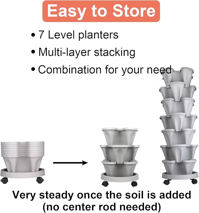 GameXcel Vertical Planter 7 Tier Stackable Planters Garden Planters Strawberry Herb Flower and Vegetable Planter Indoor Outdoor Gardening Pots with Removable Wheels and Tools 2-Pack