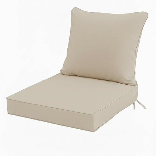 22x22 Inch Patio Chair Cushion with Removable Cover, Outdoor Furniture Cushion - Water-Repellent, Fade-Resistant, Non-Slip Bottom & Straps, Replacement for Lawn, Porch & Deck Chair - Cream
