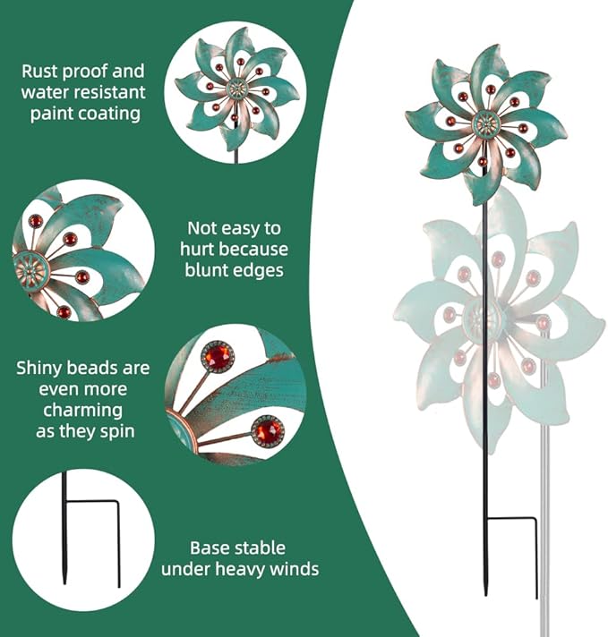 VEWOGARDEN Single-Blade Wind Spinner, Outdoor Metal Wind Spinner with Floral Design for Yard, Garden, Lawn Decor, 10 Inch, 2 Pack