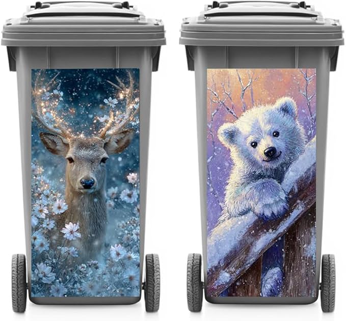2PC Trash Can Sticker 14.57 x 32.28 Inch Polar Bear and Deer Design Winter Snow Theme Decorative Garbage Bin Cover Outdoor Trash Can Decal Art for Home Yard Garden Holiday Decoration