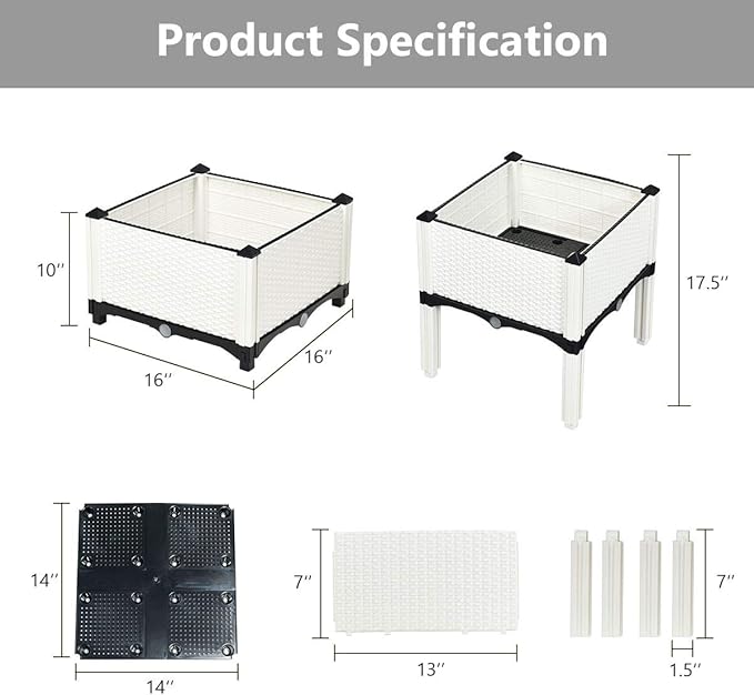 Giantex Raised Garden Bed, Set of 4 Planter Raised Beds Kits with Drain Holes for Fruit Flowers Vegetables, Outdoor Elevated Planting Box for Lawn Patio Balcony, Easy Assembly, Rattan-Like Look, White