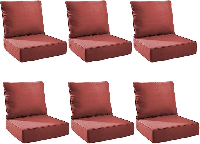 Outdoor Cushion Set for Furniture Patio Furniture, UV Resistant, Water Resistant - 6 Inch Thick Foam Garden Cushions– 24x24 Inch Patio Seat Covers for Chair/Sofa/Couch | Red | 6-Pack |