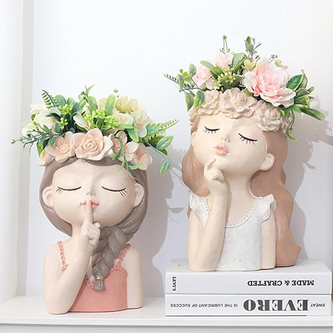Cute Succulent Plant Pot with Drainage Hole large girl face planter pot big Resin lady head planter 11 inch tall flower vases for indoor and Outdoor plants fairy garden gift for plants lover