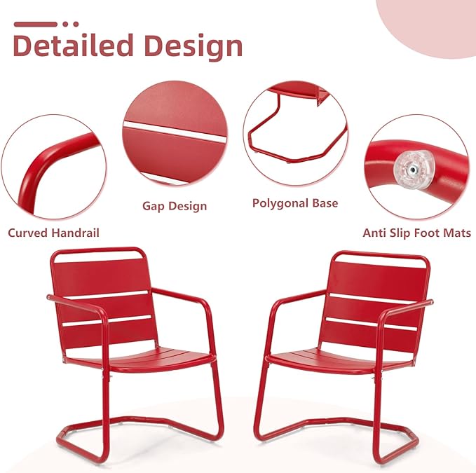 MELLCOM Patio Chairs Set of 2, Small Patio Furniture Set - 2 C-Spring Metal Chairs, Outdoor Bistro Set for Balcony, Front Porch, Poolside, Garden, Deck, Red