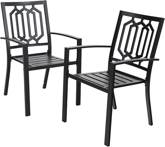 PHI VILLA Metal Outdoor Dining Chairs Set of 2 - Stackable Black Patio Chairs, 300lb Capacity (Geometry)