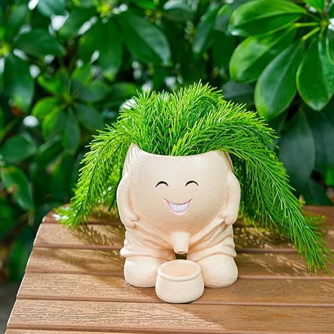 Urinating Pot Head Planter Cute Smiley Face Doll Flower Pot Naughty Doll Plant Planter with Drain Resin Smile Vase Tabletop Decor Suitable for Grow Succulents Cactus Herbs (No Plants) (Khaki)