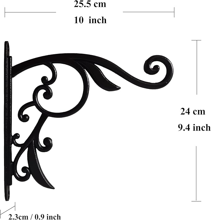 Hanging Planter Brackets Farmhouse-Inspired Fancy Metal Outdoor Brackets,Outdoor Hanging Brackets Wall Hook Heavy Duty Planter Brackets,Black Iron Indoor/Outdoor Planter Hanger Hook (10 Inch)