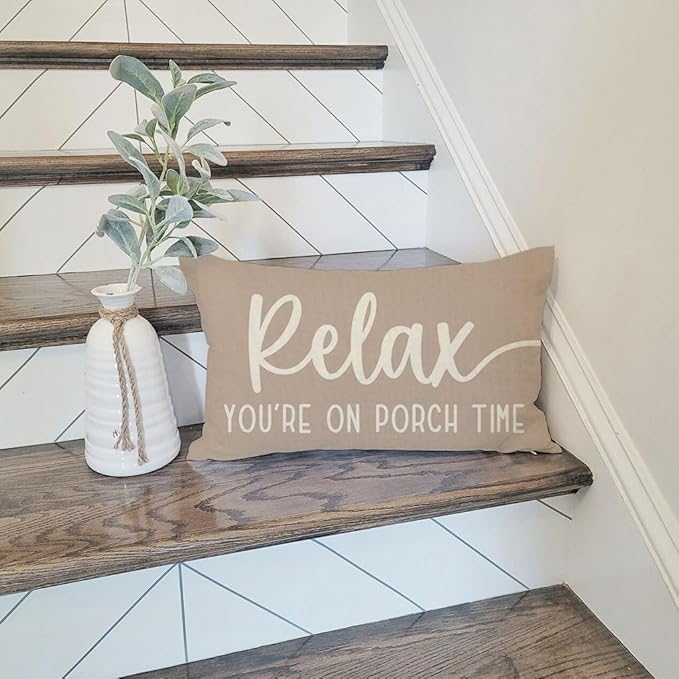 PANDICORN Decorative Throw Pillow Covers 12x20 Inch Relax Porch Time Beige Outdoor Rustic Farmhouse Lumbar Pillow Decorative Throw Pillows Cases Cushion Covers Decorations for Porch Couch Sofa Decor