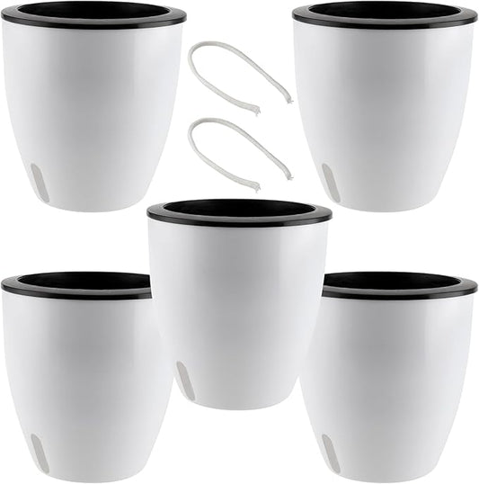 5 Pack 7 Inch Self Watering Plant Pots, White Plastic Self Watering Flower Pots with Visual Water Level Window, Self Watering Planter for Indoor Plants, Herb, African Violet, Succulent