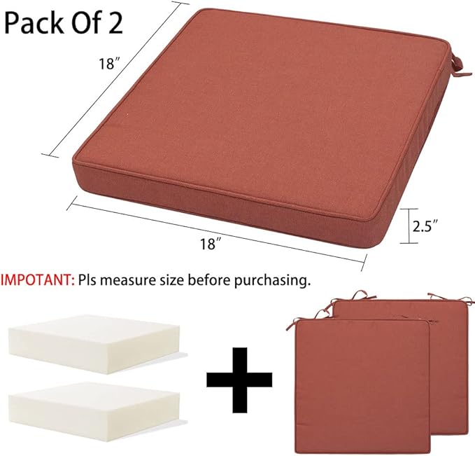 Magpie Fabrics Indoor Outdoor Waterproof Square Chair Cushion, 18" x 18" x 2.5", 2 Pack, Water Resistant Seat Cushions, for Patio Garden Office, Coral