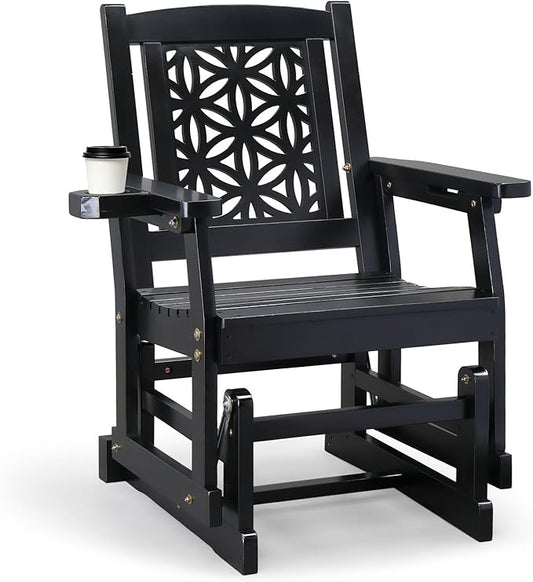 VINGLI Fir Wood Outdoor Glider with Floral Backrest, Wooden Patio Gliding Bench with Cup Holders, Smooth Rocking Chair for Garden, Yard & Porch (Black, 2.3 FT)