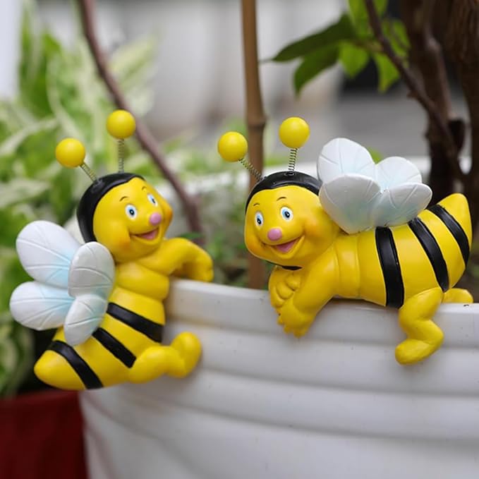 Set of 2 Bee Figure Plant Pot Hanger, Turtle Flower Pot Hugger, Resin Bees Statue, Funny Pot Huggers for Planters, Cute Climbing Bee Flower Pot Hugger, Garden Fence Balcony Patio Yard