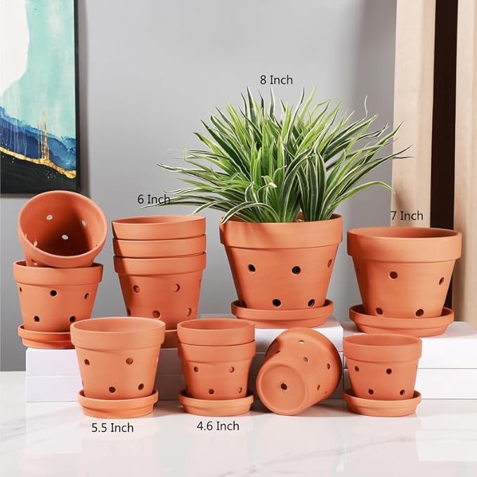 Yishang 6 Inch Clay Orchid Pots With Drainage Holes & Saucers - 6 Pack Large Terracotta Planters for Repotting, Indoor & Outdoor Plant Flowers, Promotes Air Circulation