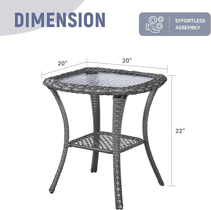 Patio Side Table Glass Wicker Table Outdoor PE Rattan Side Table with Storage Shelf Square Sidetable for Patio Garden Poolside Deck Balcony Porch Yard, Grey