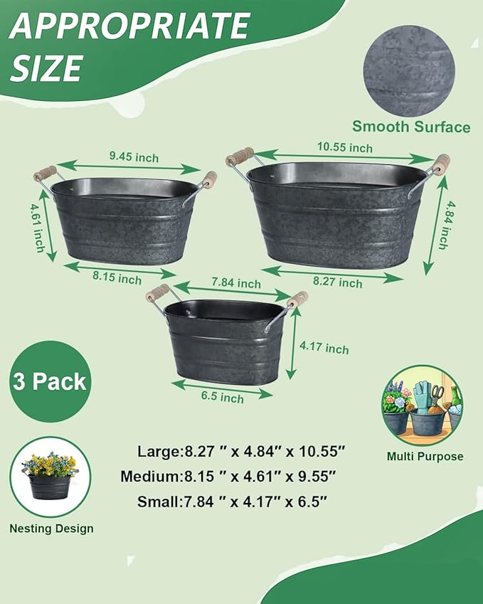 Galvanized Metal Oval Planter Buckets with Handles – 3 Pcs Rustic Farmhouse Flower Tubs with Drain Holes & Plugs, Vintage Small Pots for Herbs, Succulents, Wedding or Tabletop Decor (Galvanized Black)
