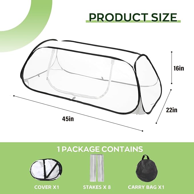 Pop Up Raised Garden Bed Cover -45''x22''x16'' Instant Plant Protection Against Bird, Pests & Squirrel，Plant Net Cover for Raised Bed with Zipper Door for Protecting Vegetable Row