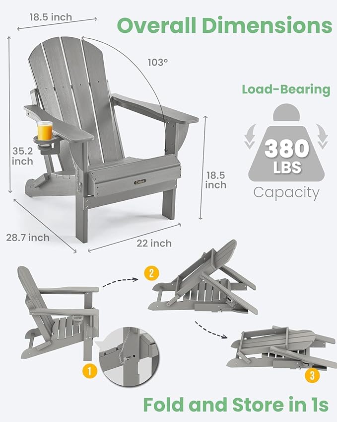 Ciokea Folding Adirondack Chair 6 Pack, Patio Adirondack Chair Weather Resistant, Plastic Fire Pit Chair with Cup Holder, Lawn Chair for Outdoor Porch Garden Backyard Deck (Grey)