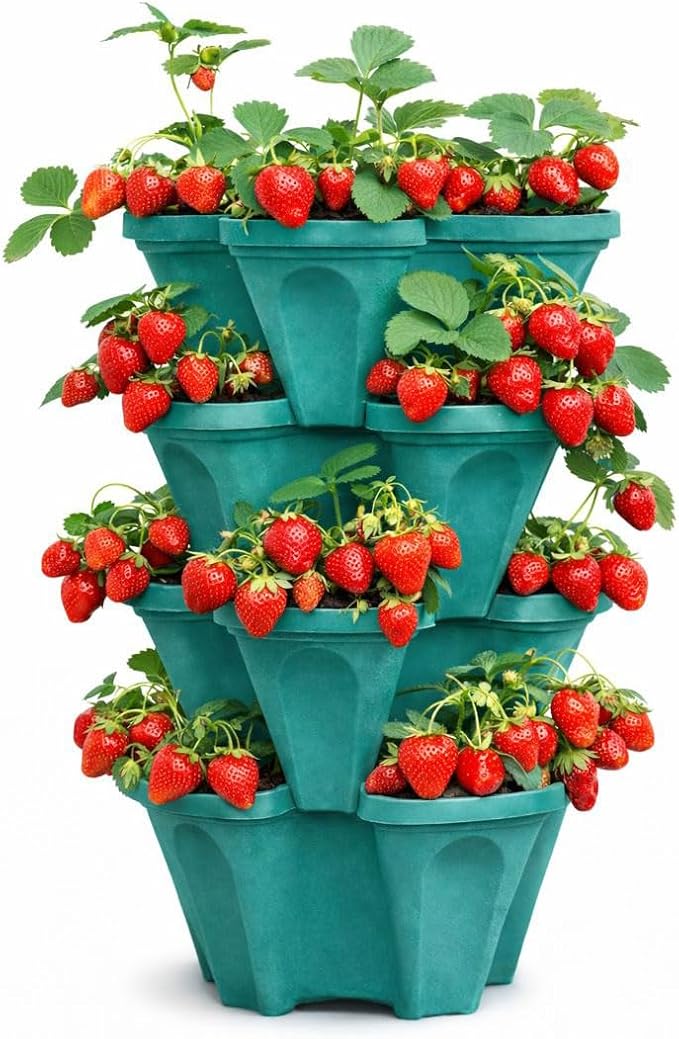 Large Vertical Planter Tower, 4 Tier Stackable Garden Planter, 28 Plant Sites, Heavy Duty Strawberry Planter, Vertical Growing System with Center Hole, Made in USA (Mineral Teal, Large)