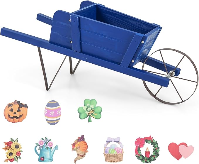 S AFSTAR Wood Wheelbarrow Planter, Small Flower Plant Pot Wheelbarrow Cart with Metal Wheel & 9 Replaceable Magnet Accessories, Wooden Wagon Planter Wheelbarrow for Outdoor Garden Backyard (Blue)