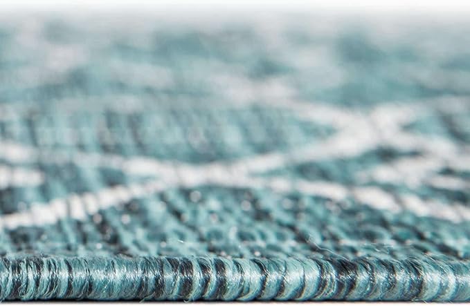 Unique Loom Outdoor Trellis Collection Area Rug - Tribal Trellis (10' 8" Square, Teal/ Ivory)