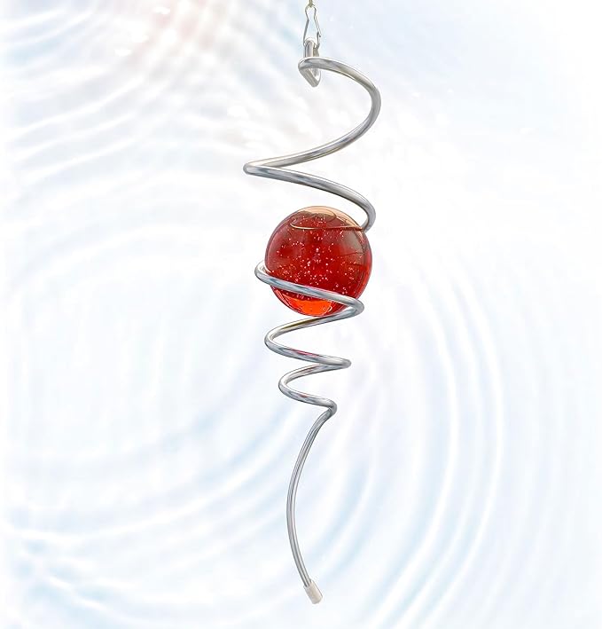 Gazing Ball Spiral Tail with Red Glass Orb - 13" Wind Spinner Stabilizer with Swivel Hook, Hanging Decor for Indoor Outdoor Garden Decor Rotating Art Ornament Christmas Décor & Unique Gift