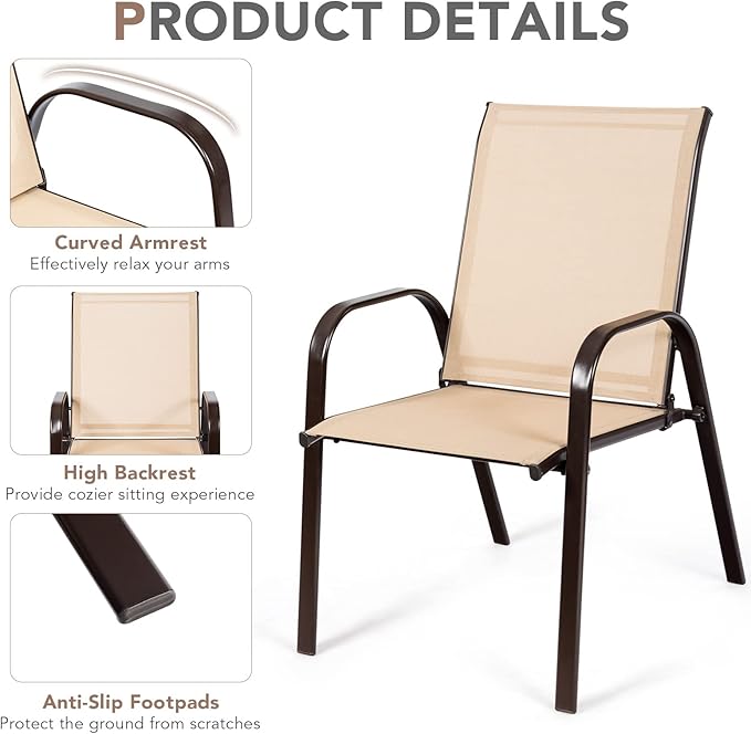 Tangkula 2 Piece Patio Dining Chairs, Outdoor Bistro Chairs W/Curved Armrests, Easy-to-Dry Fabric, Reinforced Steel Frame, Wide & Comfortable Camping Chairs for Garden, Poolside, Backyard (1, Beige)