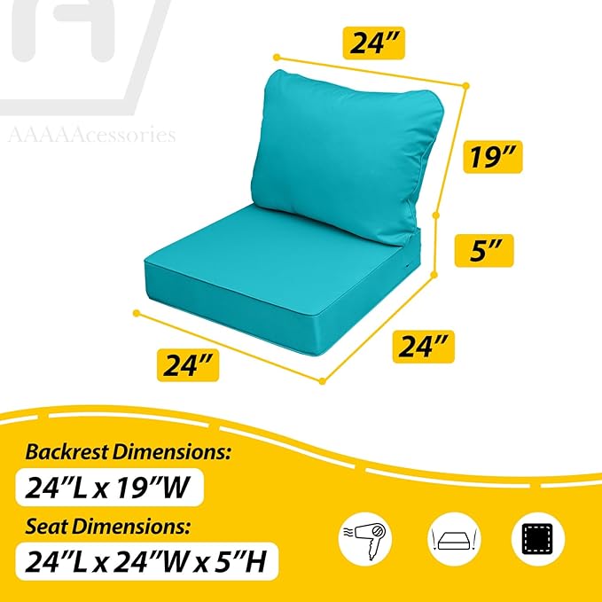AAAAAcessories Outdoor Seat Cushions for Chairs, Fade-Resistant, Waterproof Patio Furniture Replacement Cushions, 24" x 24" x 5" + 24" x 19", Turquoise Blue