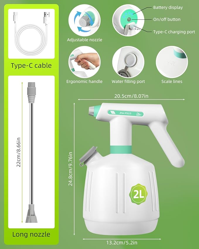 Uten Cordless Electric Sprayer - 2L Rechargeable Electric Spray Bottle, Power Display, Extended Nozzle for Hard-to-Reach Areas, Multi-Use for Cleaning, Watering, Disinfecting