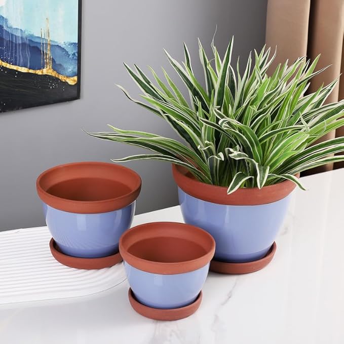 Yishang Glazed Terracotta Pots with Saucers, Set of 3, 5", 6", and 7" Sizes, Ceramic Clay Planter Pots with Drainage Holes - Blue