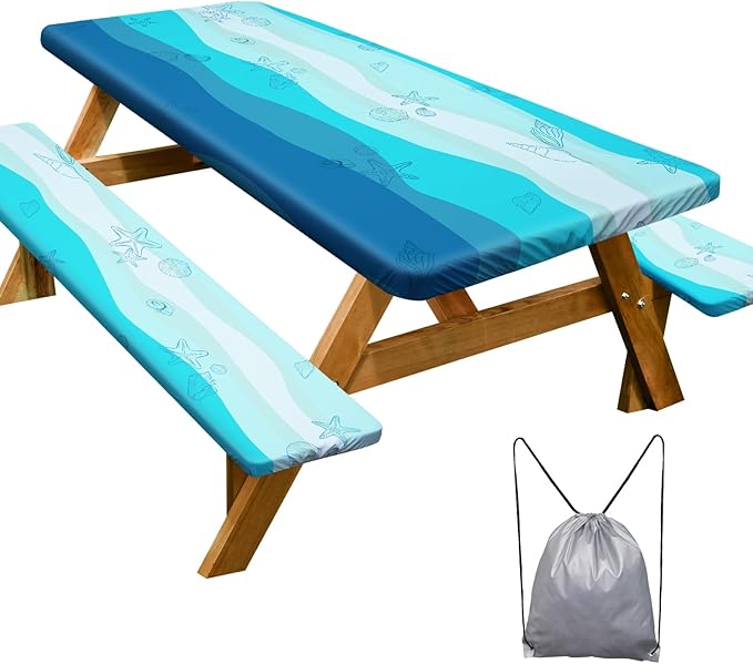 Picnic Table Cover with Bench Covers Camping Essentials Waterproof Windproof Camping Tablecloth with Drawstring Bag, Fitted Rectangle Tables and Seats, 60in, Sky Blue