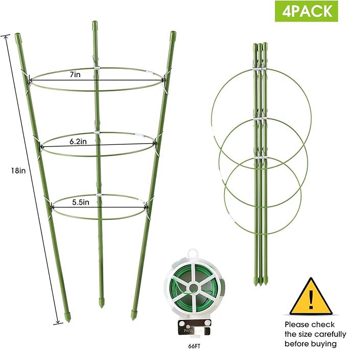4 Pack Tomato Cage, 18 inches Plant Support Cages for Garden, Upgrade Garden Plant Stakes with Adjustable Rings, Plants Trellis for Tomato, Flower, Climbing Plants, with Twist Tie