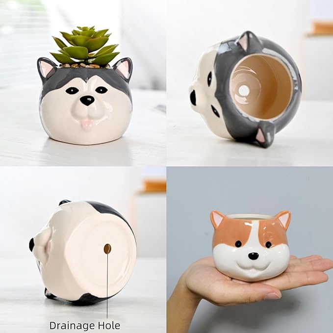 Dog Planter Pots - 6 Pack Ceramic Succulent Pots with Drainage and Saucers, Cute Flower Pots for Indoor Plants, Small Plant Pots Dog Vase for Succulent, Cactus, Garden, Home Decor, Gift Set