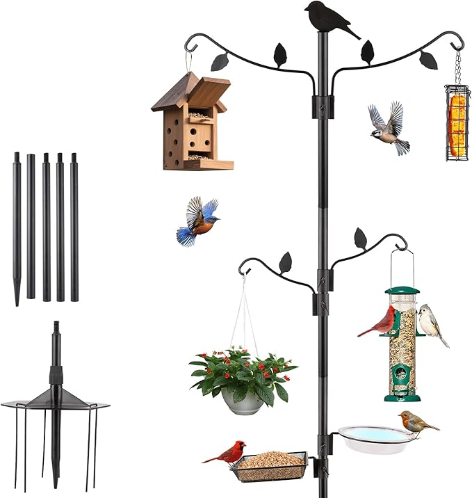 Camii 4Hook Shepherd Hooks for Outdoor, 75" Heavy Duty Bird Feeder Pole with 5 Prongs Base, Adjustable Garden Hook for Hanging Plant, Hummingbird Feeder, Lantern, Solar Light, Garden Hook for Outside