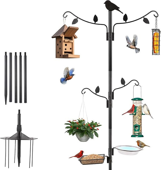 Camii 4Hook Shepherd Hooks for Outdoor, 75" Heavy Duty Bird Feeder Pole with 5 Prongs Base, Adjustable Garden Hook for Hanging Plant, Hummingbird Feeder, Lantern, Solar Light, Garden Hook for Outside