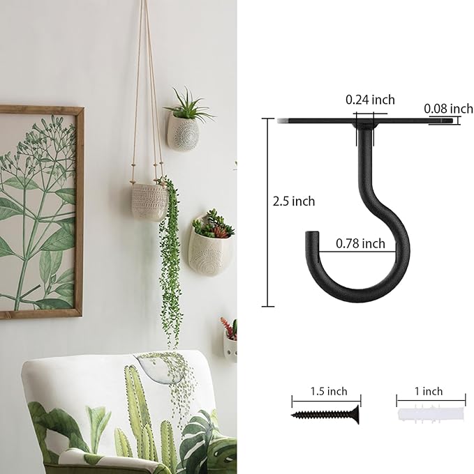 Ceiling Hooks for Hanging Plants, Black Metal Wall Plant Hooks for Plants,Lights,Planters,Lanterns,Hanging Bird Feeders,Wind Chimes, Indoor&Outdoor