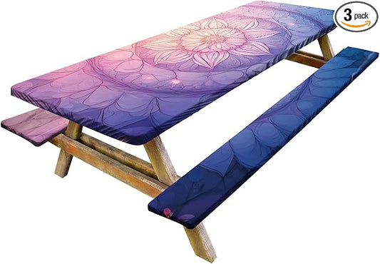 Mandala Design Picnic Table Cover with Bench Covers Set of 3 - Colorful Gradient Geometric Pattern, Elastic Fitted Tablecloth for 6 Ft Tables, Washable Polyester Cover for Patio, Indoor & Outdoor