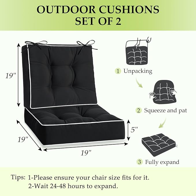 HARBOREST Outdoor Chair Cushions Set of 2, Tufted Patio Chair Cushions with Ties, Square Corner Outdoor Cushions for Patio Furniture, Lawn Chairs, Wicker Chairs, 19" x 19" x 5", Black