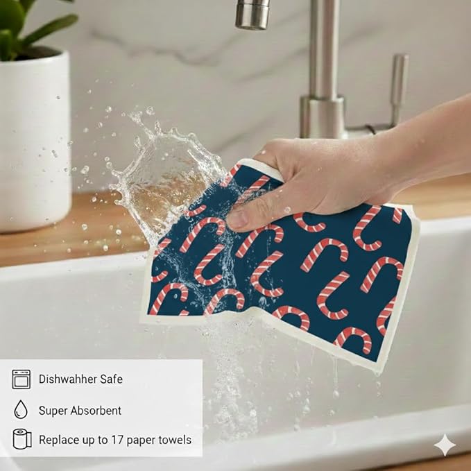 Christmas Holiday Swedish Dishcloth, Reusable Paper Towel, Super Absorbent Cellulose Sponge, Washable Kitchen Cleaning Cloth (Holiday Candy Cane - 1 Pack)