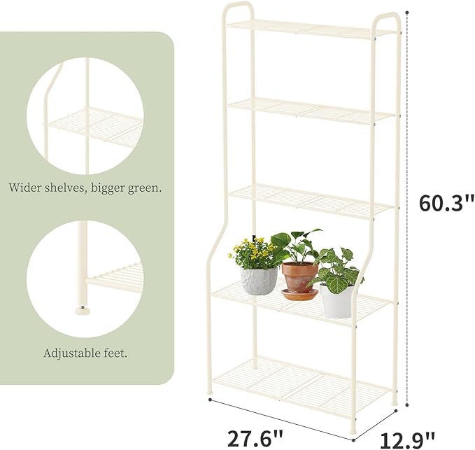Plant Stand Indoor Outdoor for Multiple Plants, 5 Tier Tall Heavy Duty Metal Shelf, Large Flower Pot Holder Ladder for Garden, Patio, Living Room, Balcony, White