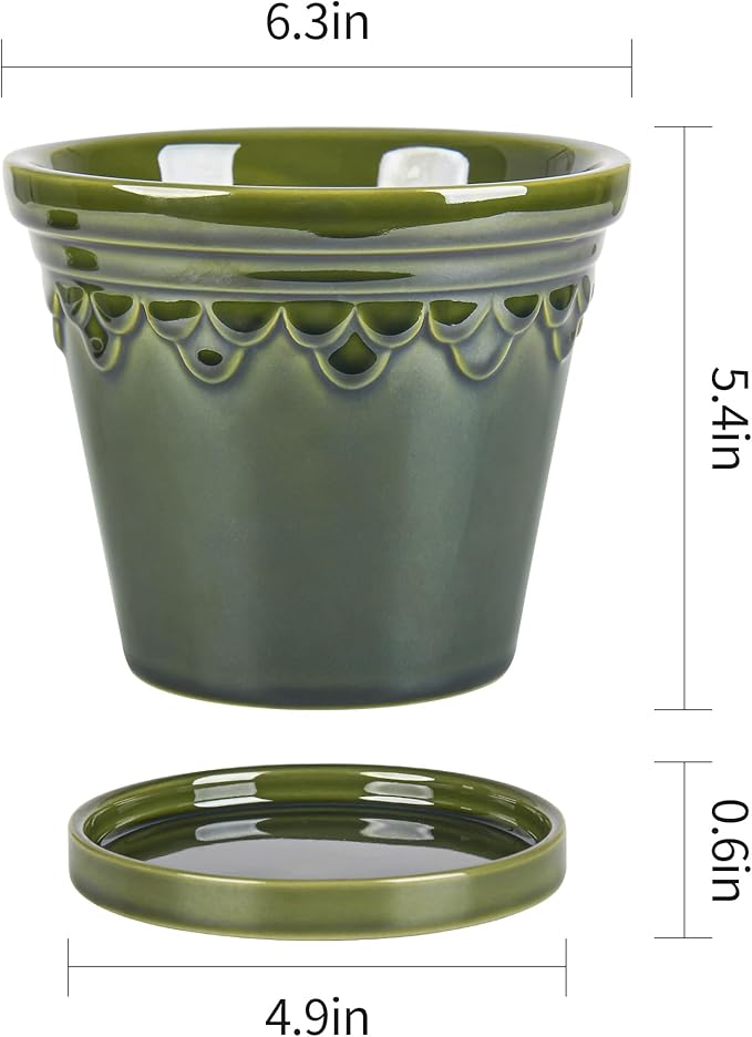 6.3 Inch Ceramic Planter, Plant Pot with Drainage Hole and Saucer, Decorative Glaze Flower Pot for Indoor Plants (Olive Green)
