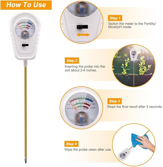 Soil Test Kit 3-in-1, Soil Moisture Meter, Soil PH Meter, Fertility Soil Tester, Soil Tester for Garden, Lawn, Farm, Outdoor & Indoor Use (Misty Dawn White)