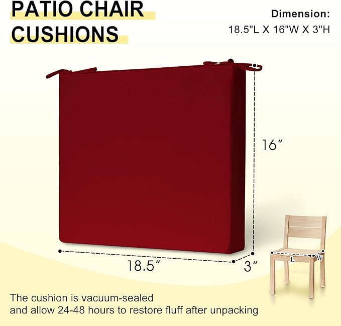 downluxe Outdoor Chair Cushions Set of 2 for Patio Furniture, Water-Resistant Square Corner Patio Chair Cushions with Ties, High Density Foam Outdoor Seat Cushion, 18.5" X 16" X 3", Burgundy