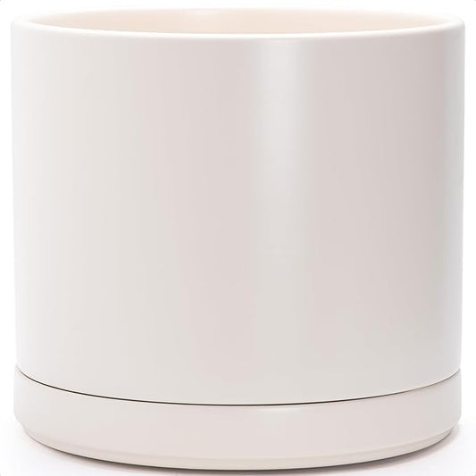 D'vine Dev 16 Inch Ceramic Planter Pot with Drainage Hole and Saucer, Indoor Cylinder Round Planter Pot, Oatmeal, 94-O-H-8