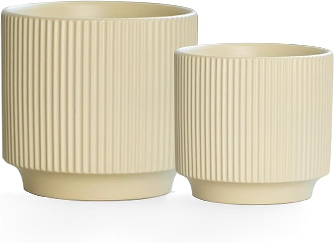 Ceramic 4.9+6.3 inch Planters, Modern Home and Office Flowerpot, Indoor and Outdoor Flowerpot with Drainage Hole (Light Yellow)